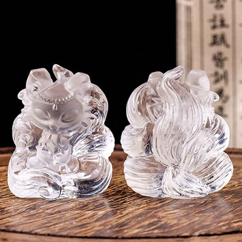 Buddha Stones Natural White Crystal Mini Small Nine Tailed Fox Carved Healing Home Decoration - image 3