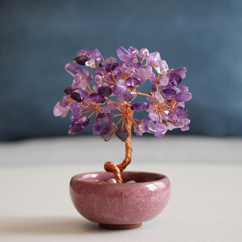 Buddha Stones Various Crystal Citrine Amethyst Green Aventurine Tree Prosperity Home Decoration - Amethyst 6-7*10cm - Gift Box - image 2