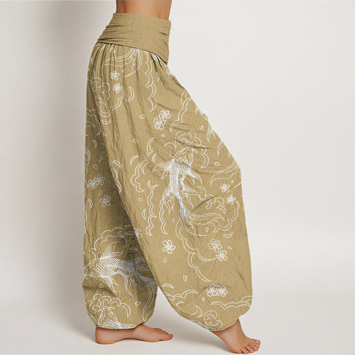 Buddha Stones Cotton Casual Koi Fish Waves And Petal Line Pattern Women's Elastic Waist Harem Pants - image 5