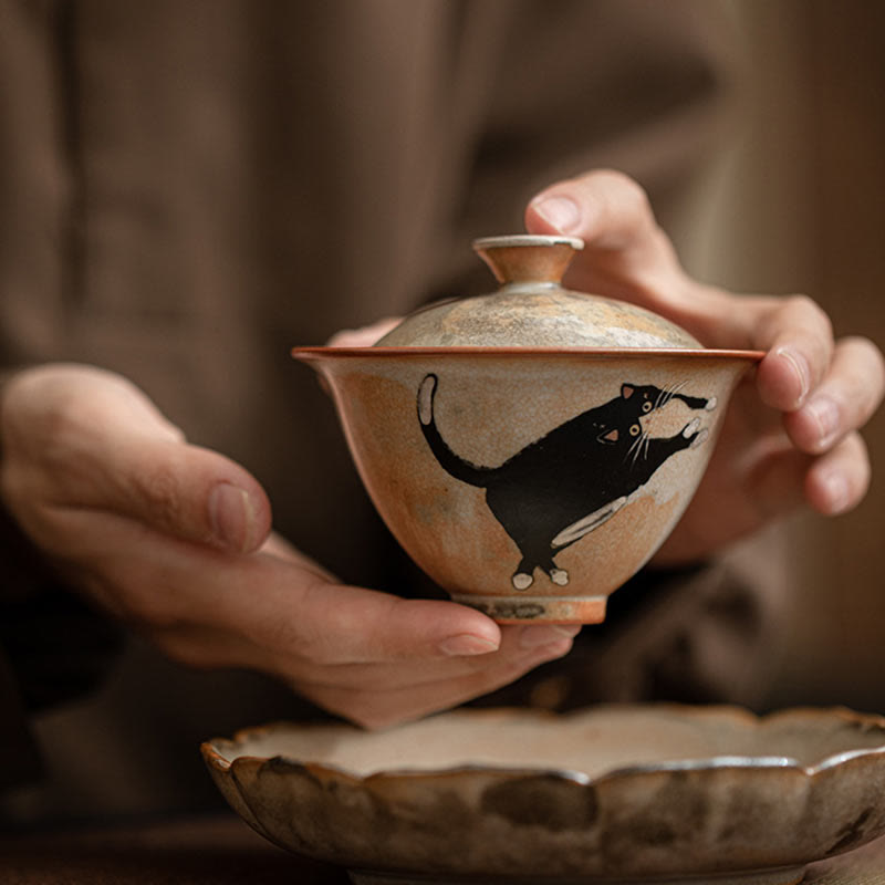 Buddha Stones Cute Cat Ceramic Gaiwan Teacup Kung Fu Tea Cup With Lid 130ml - image 6