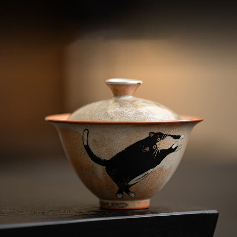 Buddha Stones Cute Cat Ceramic Gaiwan Teacup Kung Fu Tea Cup With Lid 130ml - Cat Cup 9.5cm*7.6cm*130ml - image 0
