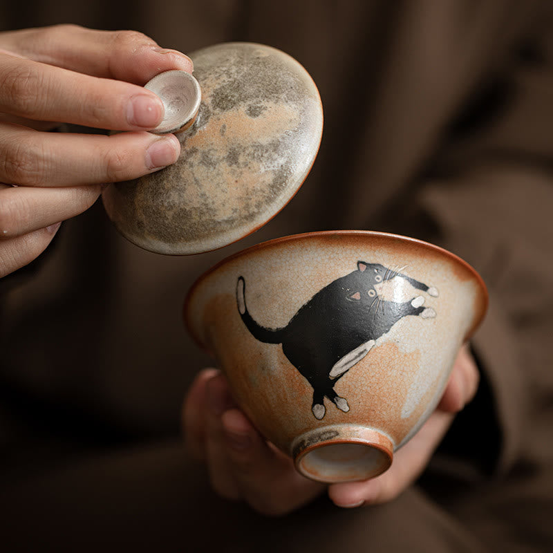 Buddha Stones Cute Cat Ceramic Gaiwan Teacup Kung Fu Tea Cup With Lid 130ml - image 1