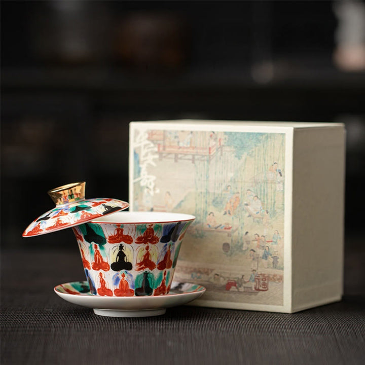 Buddha Stones Thangka Dragon Buddhas Dunhuang Ceramic Gaiwan Sancai Kung Fu Tea Cup And Saucer With Lid Gift Box 180ml - Ten Thousand Buddhas(Gift Box) 11.2cm*9.5cm*180ml - image 14