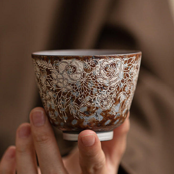 Buddha Stones Brown Flowers In Full Bloom Teacup Kung Fu Tea Cup 100ml With Gift Box - image 11