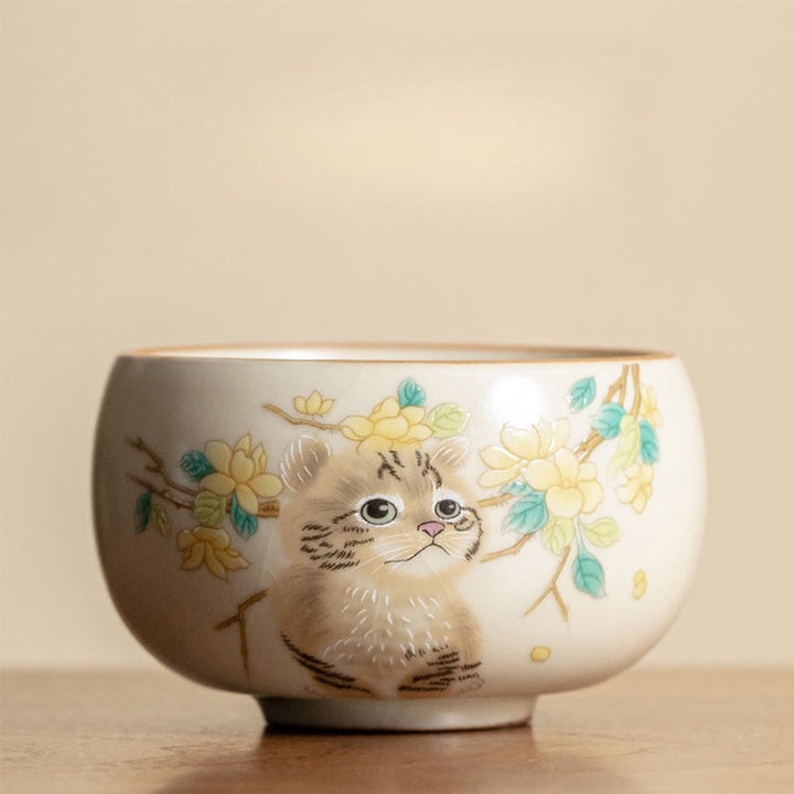 Buddha Stones Cute Cat Yellow Flowers Rabbit Teacup Kung Fu Tea Cup - Cat 6.8cm*4cm*80ml - image 0