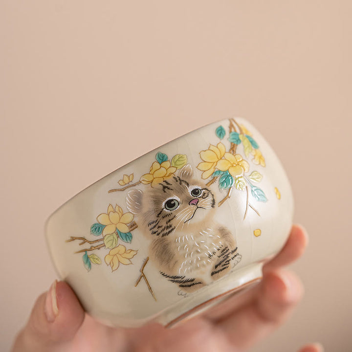 Buddha Stones Cute Cat Yellow Flowers Rabbit Teacup Kung Fu Tea Cup - image 1
