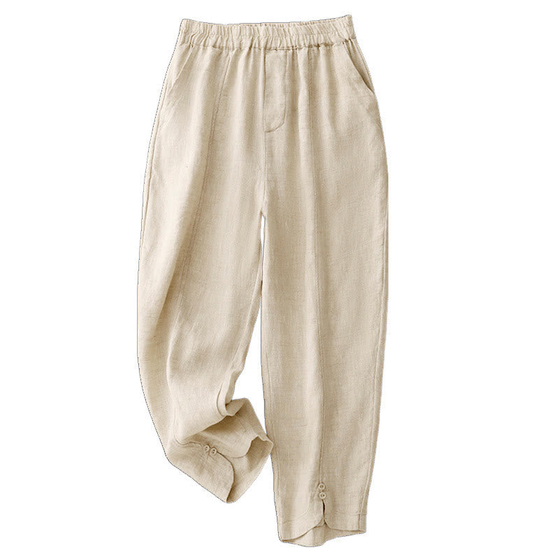 Buddha Stones Summer Solid Color Side Button Design Cotton Linen Women's Harem Pants With Pockets - image 11