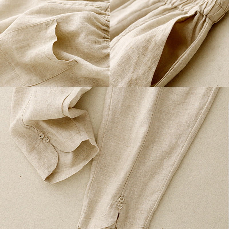 Buddha Stones Summer Solid Color Side Button Design Cotton Linen Women's Harem Pants With Pockets - image 10