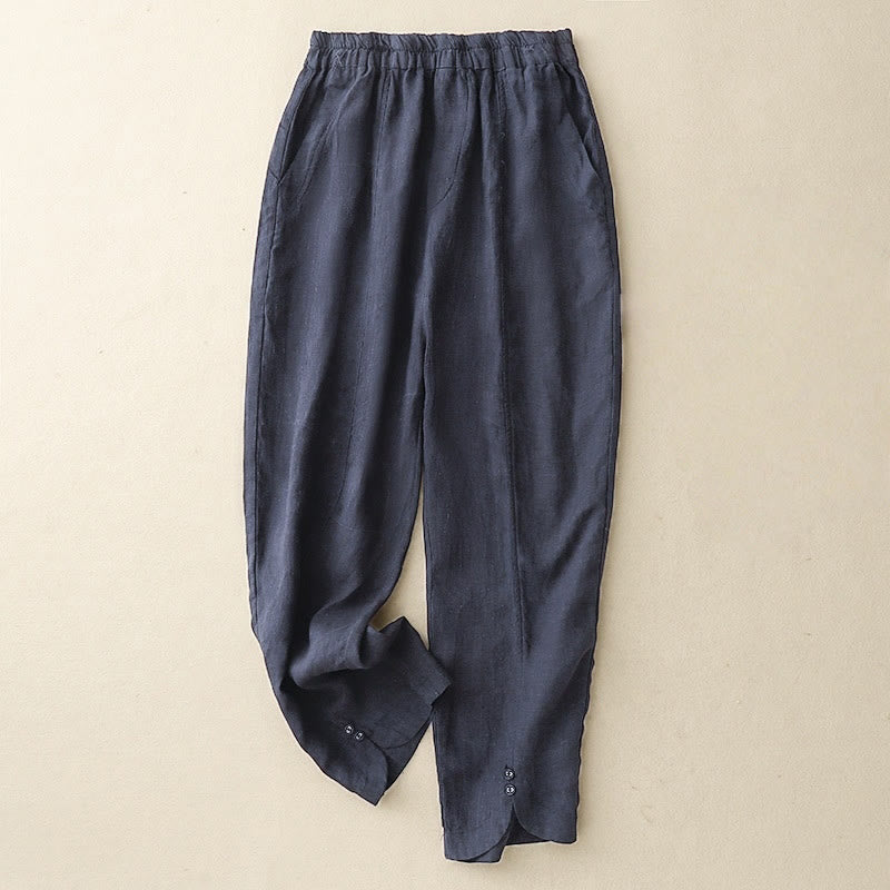 Buddha Stones Summer Solid Color Side Button Design Cotton Linen Women's Harem Pants With Pockets - DarkSlateBlue - US8-10，UK/AU12-14，EU40-42 (2XL) - image 20