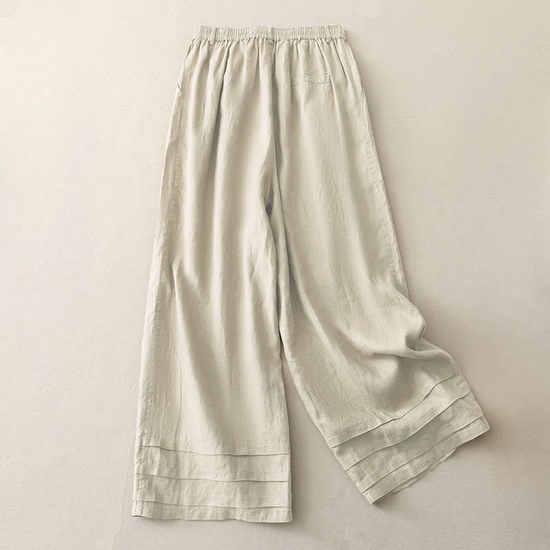 Buddha Stones Vintage Solid Color Pleated Cuff Design Cotton Linen Women's Wide Leg Pants With Pockets - image 1