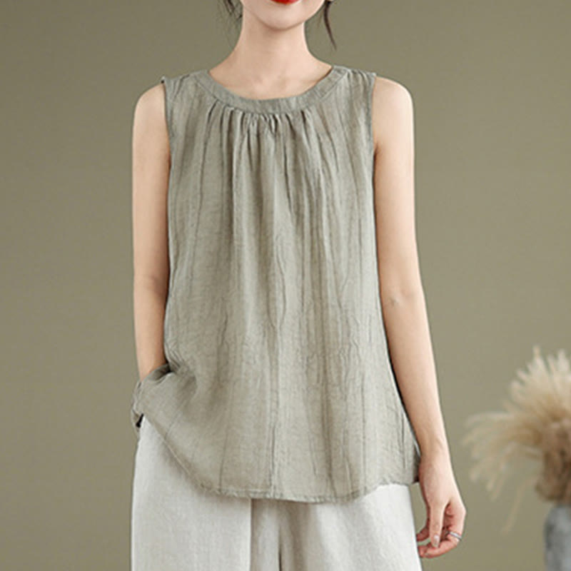 Buddha Stones Summer Wrinkles Simple Design Crew Neck Women's Sleeveless Vest Waistcoat - image 1