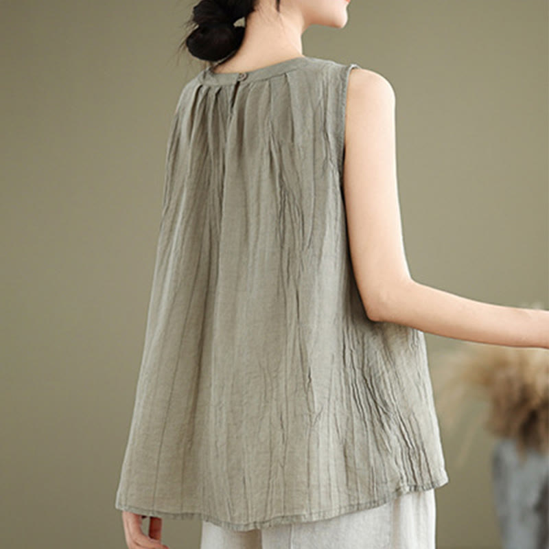 Buddha Stones Summer Wrinkles Simple Design Crew Neck Women's Sleeveless Vest Waistcoat - image 2