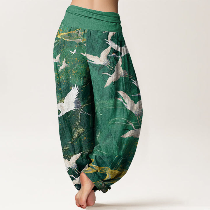 Buddha Stones Cotton Flying White Cranes Auspicious Clouds Design Women's Elastic Waist Harem Pants - image 1