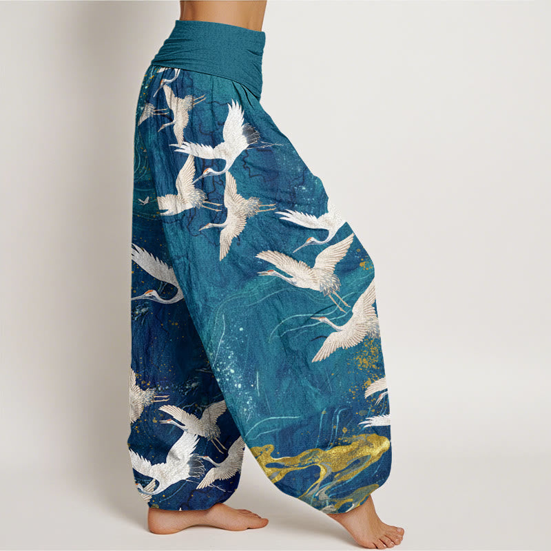 Buddha Stones Cotton Flying White Cranes Auspicious Clouds Design Women's Elastic Waist Harem Pants - image 6