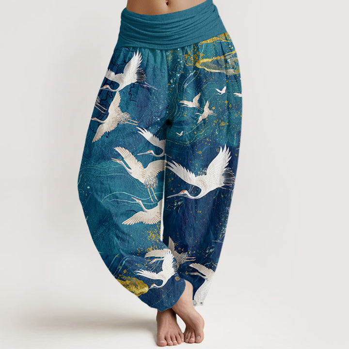 Buddha Stones Cotton Flying White Cranes Auspicious Clouds Design Women's Elastic Waist Harem Pants - DarkCyan - US22，UK/AU26，EU54 (6XL) - image 4