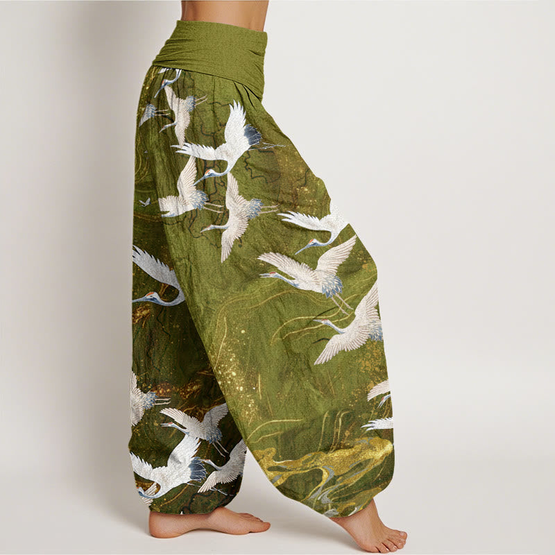 Buddha Stones Cotton Flying White Cranes Auspicious Clouds Design Women's Elastic Waist Harem Pants - image 9