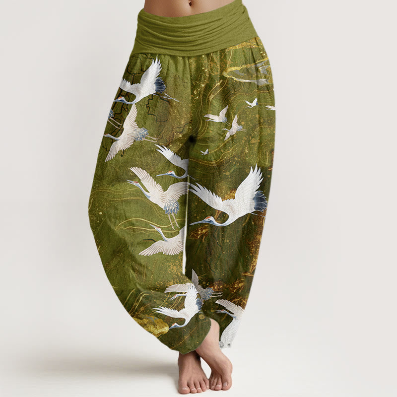 Buddha Stones Cotton Flying White Cranes Auspicious Clouds Design Women's Elastic Waist Harem Pants - YellowGreen - US22，UK/AU26，EU54 (6XL) - image 7