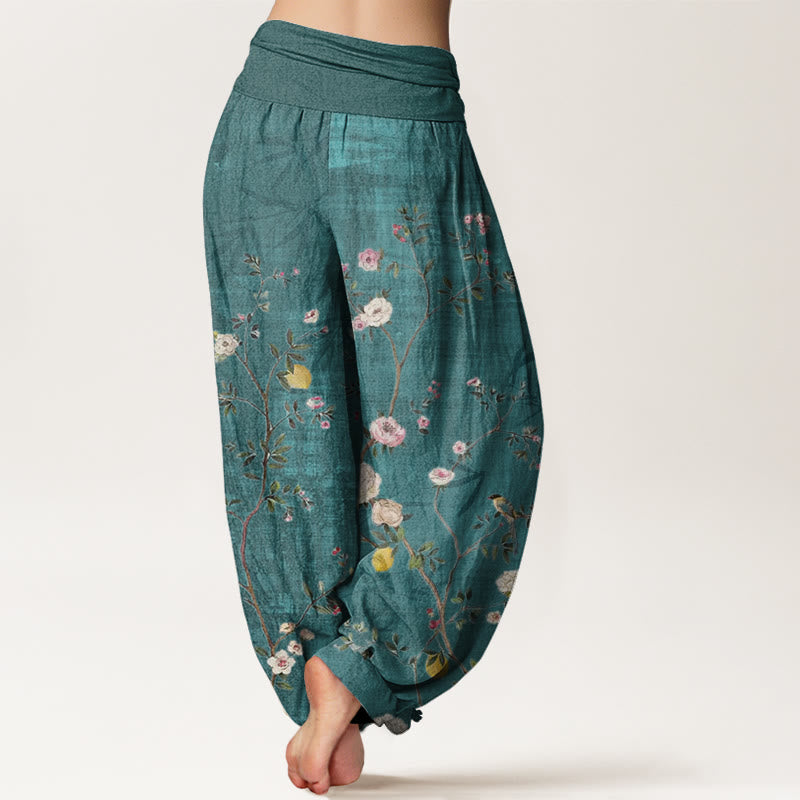 Buddha Stones Cotton Pink White Flowers Bamboo Leaves Fruits Design Women's Elastic Waist Harem Pants - image 1