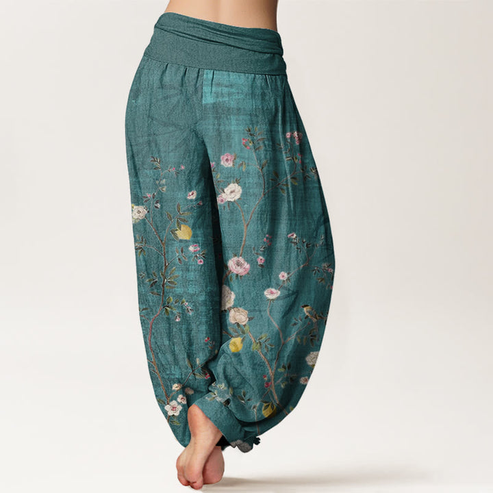 Buddha Stones Cotton Pink White Flowers Bamboo Leaves Fruits Design Women's Elastic Waist Harem Pants - image 1