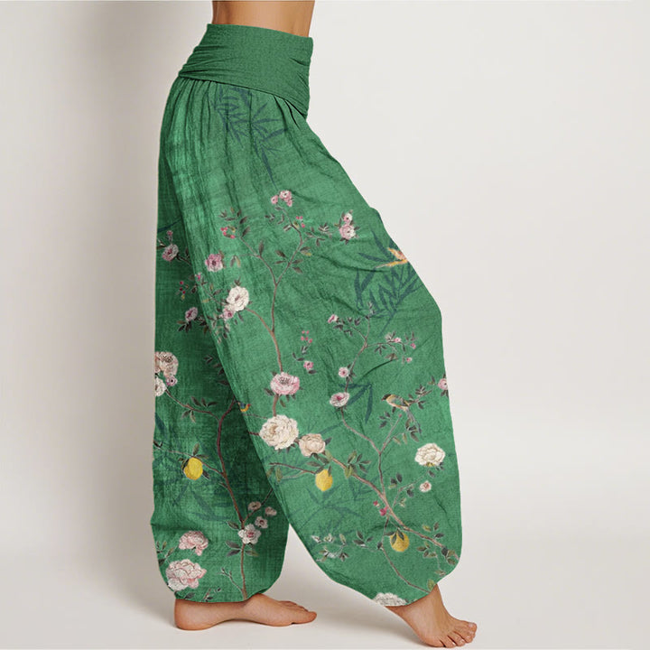 Buddha Stones Cotton Pink White Flowers Bamboo Leaves Fruits Design Women's Elastic Waist Harem Pants - image 6
