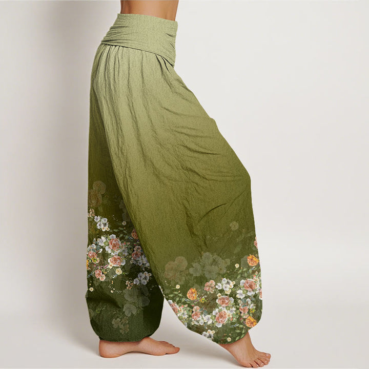 Buddha Stones Cotton Colorful Rose Flowers Design Women's Elastic Waist Harem Pants - image 6