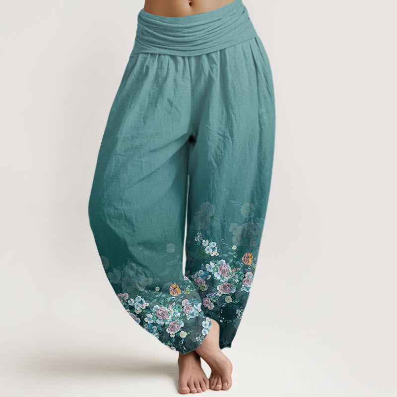 Buddha Stones Cotton Colorful Rose Flowers Design Women's Elastic Waist Harem Pants - MediumTurquoise - US22，UK/AU26，EU54 (6XL) - image 7
