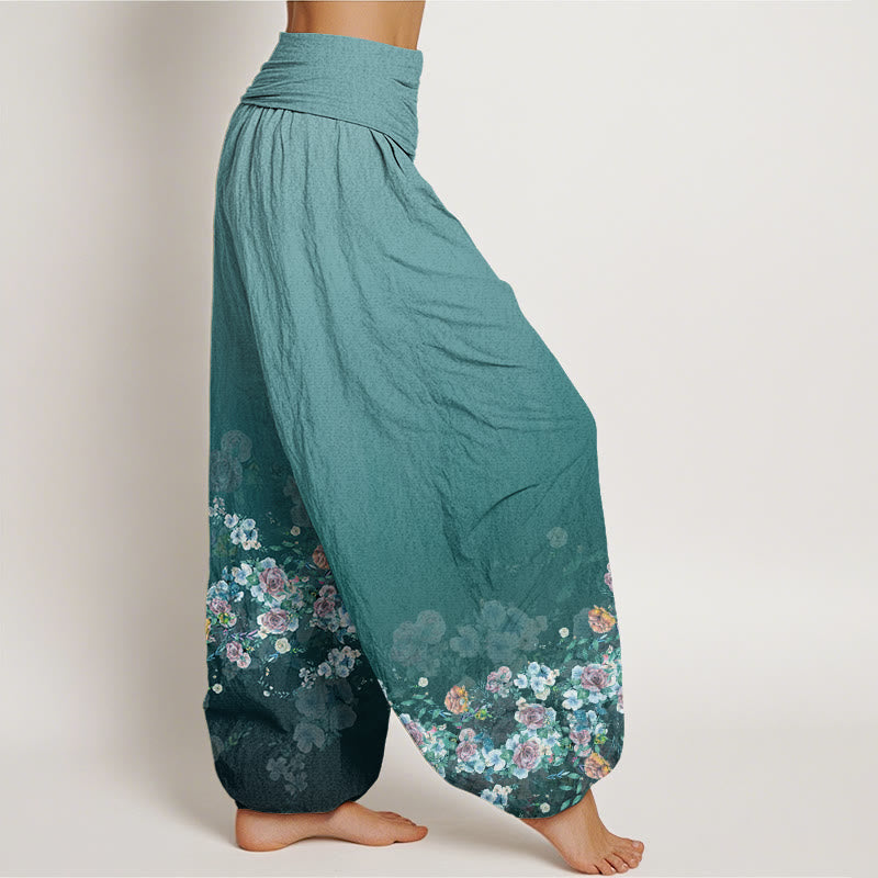 Buddha Stones Cotton Colorful Rose Flowers Design Women's Elastic Waist Harem Pants - image 8