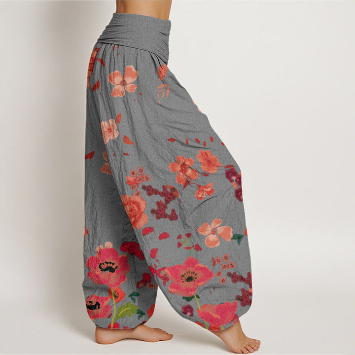 Buddha Stones Cotton Red Flowers Common Poppy Design Women's Elastic Waist Harem Pants - image 6