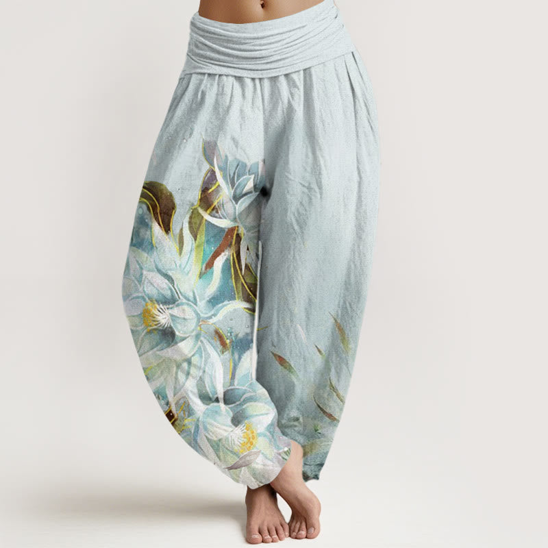 Buddha Stones Cotton Epiphyllum Flowers Design Women's Elastic Waist Harem Pants - LightCyan - US22，UK/AU26，EU54 (6XL) - image 0