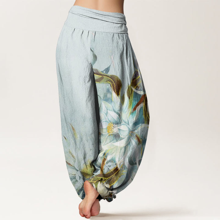 Buddha Stones Cotton Epiphyllum Flowers Design Women's Elastic Waist Harem Pants - image 1