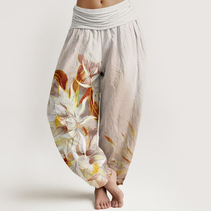 Buddha Stones Cotton Epiphyllum Flowers Design Women's Elastic Waist Harem Pants - Beige - US22，UK/AU26，EU54 (6XL) - image 4