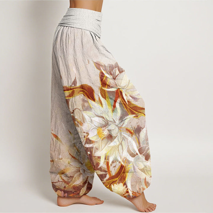 Buddha Stones Cotton Epiphyllum Flowers Design Women's Elastic Waist Harem Pants - image 6