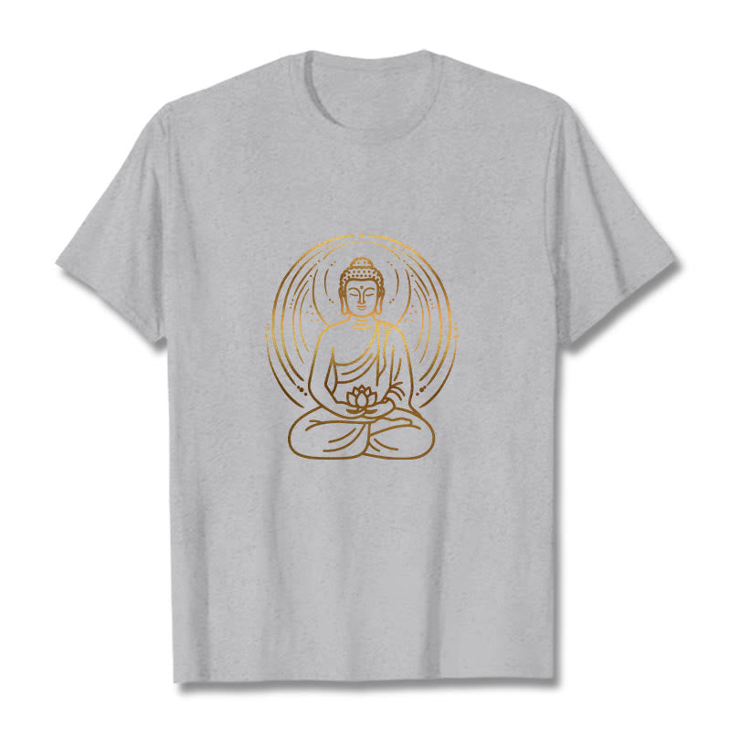 Buddha Stones Golden Meditation Buddha Halo Holding A Lotus Flower Tee T-shirt - LightGrey - 2XL - image 19