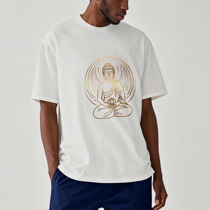 Buddha Stones Golden Meditation Buddha Halo Holding A Lotus Flower Tee T-shirt - image 8