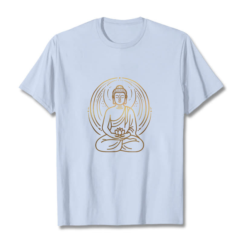 Buddha Stones Golden Meditation Buddha Halo Holding A Lotus Flower Tee T-shirt - LightCyan - 2XL - image 18