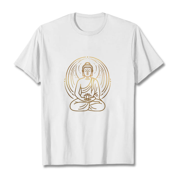 Buddha Stones Golden Meditation Buddha Halo Holding A Lotus Flower Tee T-shirt - White - 2XL - image 7