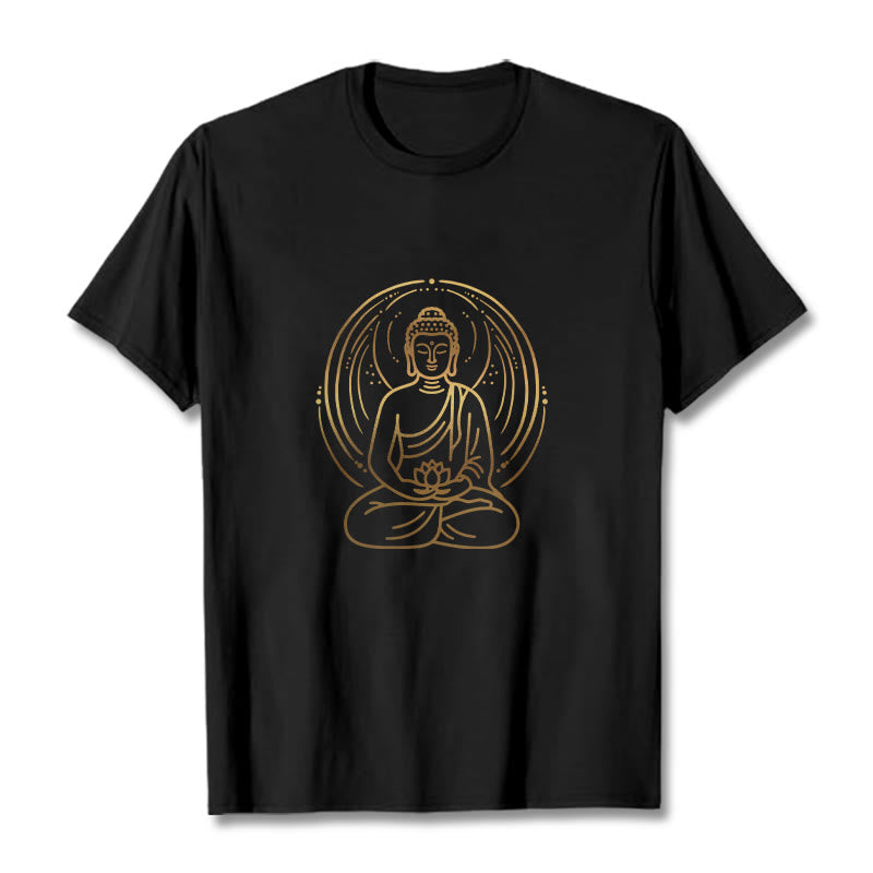 Buddha Stones Golden Meditation Buddha Halo Holding A Lotus Flower Tee T-shirt - Black - 2XL - image 3