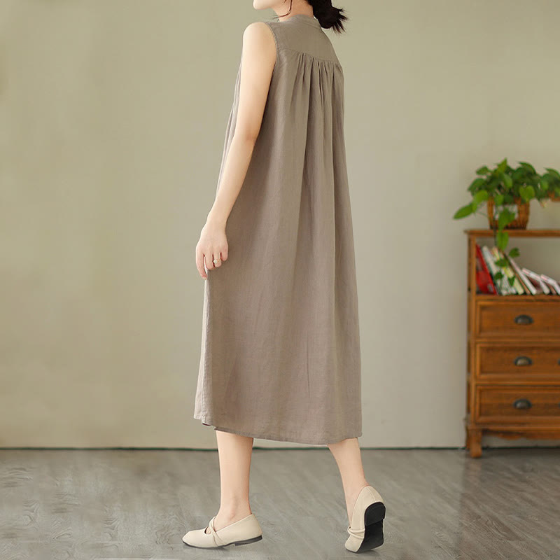 Buddha Stones Plain Single Breasted Pleated Design Sleeveless Cotton Linen Midi Dress - image 7