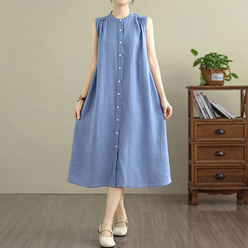 Buddha Stones Plain Single Breasted Pleated Design Sleeveless Cotton Linen Midi Dress - image 22