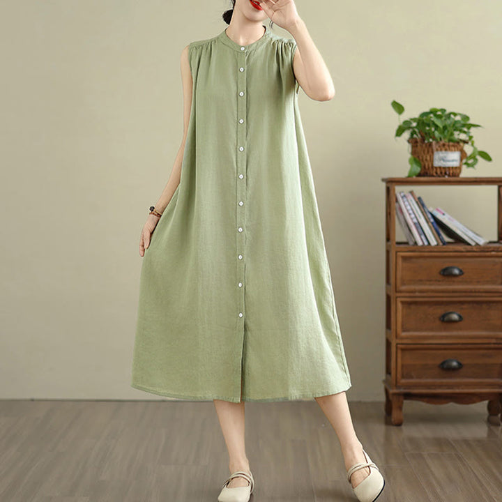 Buddha Stones Plain Single Breasted Pleated Design Sleeveless Cotton Linen Midi Dress - image 2