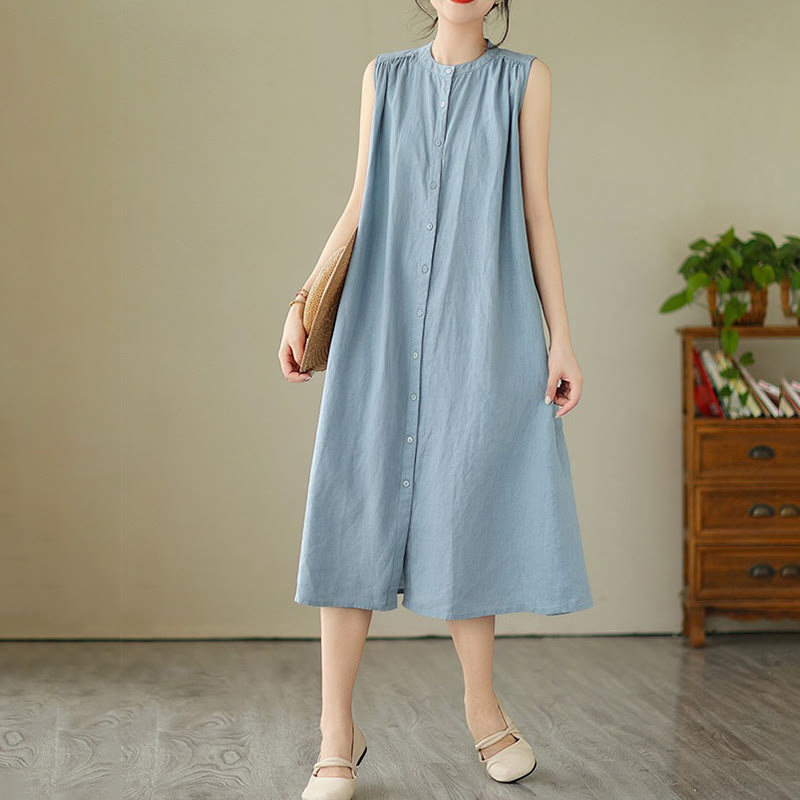 Buddha Stones Plain Single Breasted Pleated Design Sleeveless Cotton Linen Midi Dress - image 13