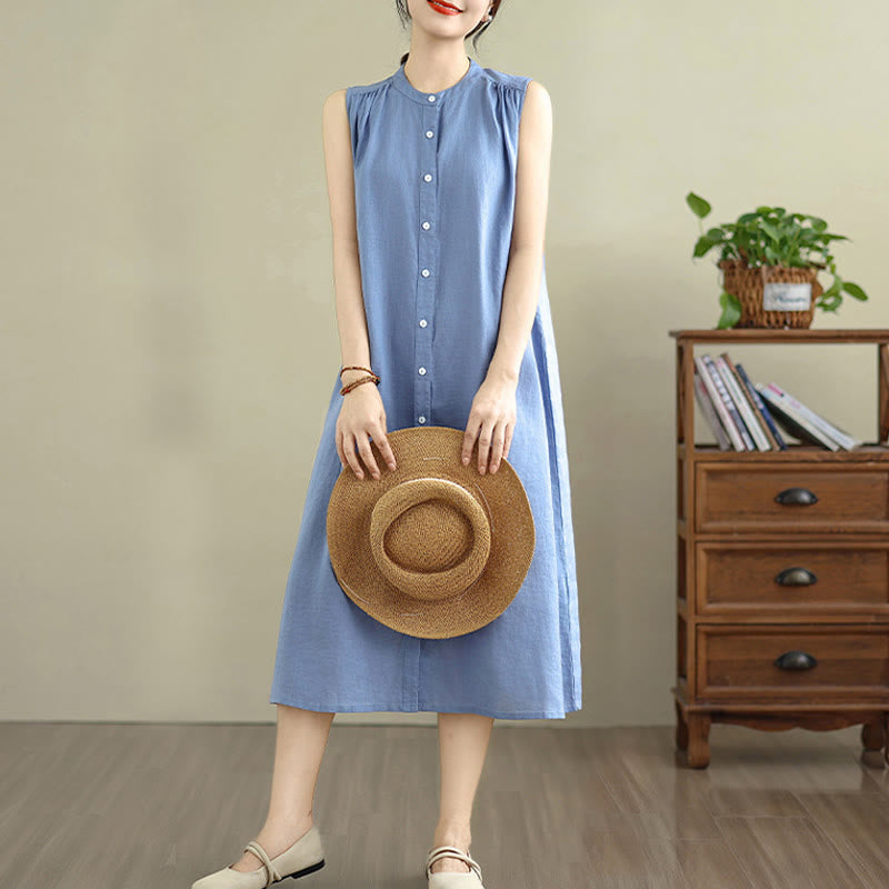 Buddha Stones Plain Single Breasted Pleated Design Sleeveless Cotton Linen Midi Dress - image 24