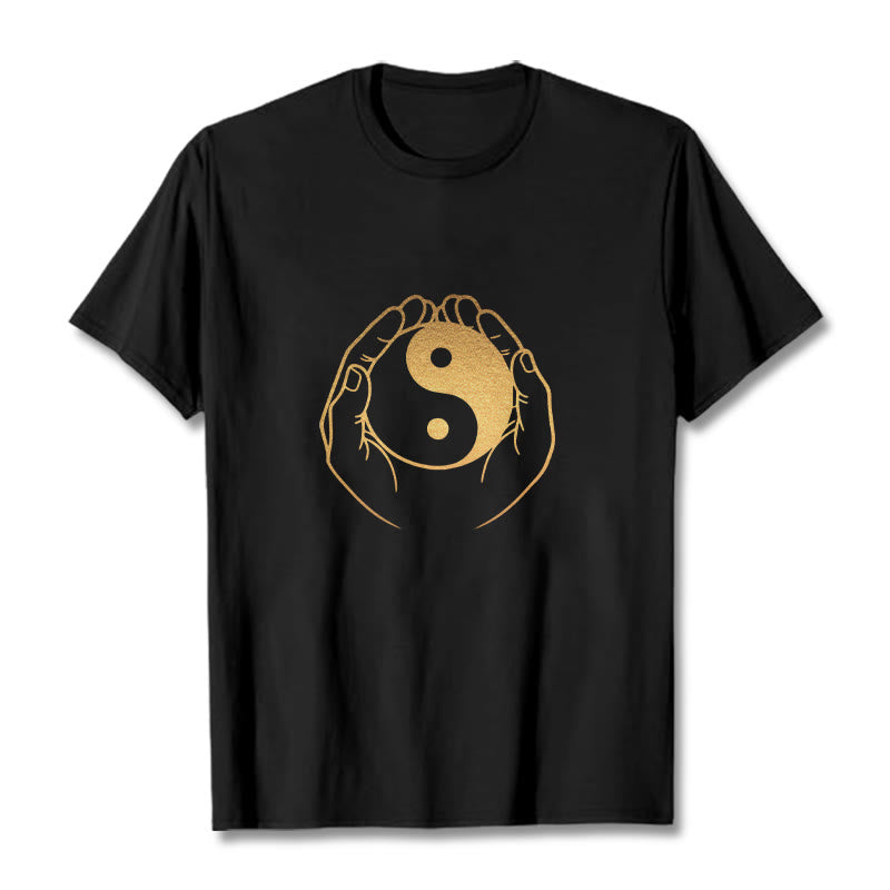 Buddha Stones Hands Holding A Golden Yin Yang Tee T-shirt - Black - 2XL - image 0
