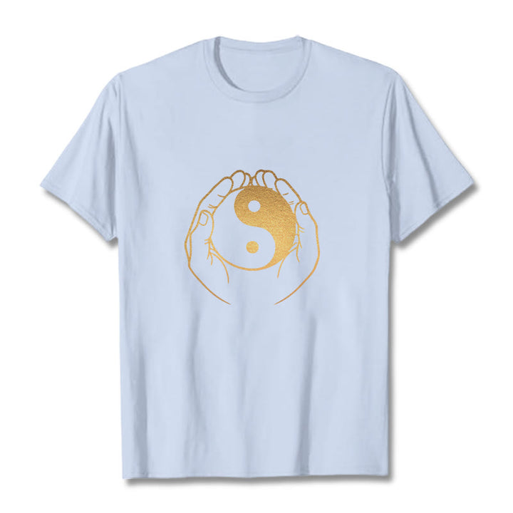 Buddha Stones Hands Holding A Golden Yin Yang Tee T-shirt - LightCyan - 2XL - image 11