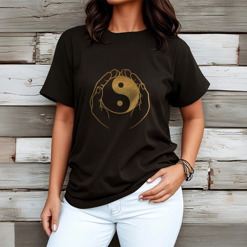 Buddha Stones Hands Holding A Golden Yin Yang Tee T-shirt - image 3