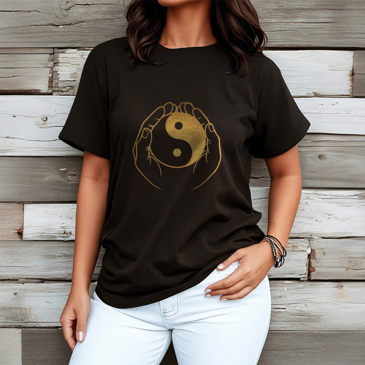 Buddha Stones Hands Holding A Golden Yin Yang Tee T-shirt - image 3