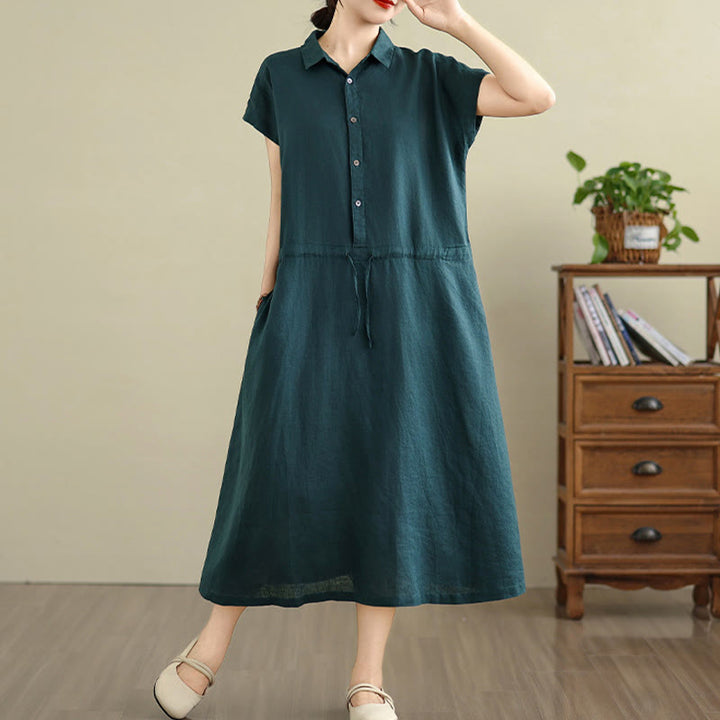 Buddha Stones Summer Plain Short Sleeve Drawstring Cotton Linen Midi Dress With Pockets - image 11