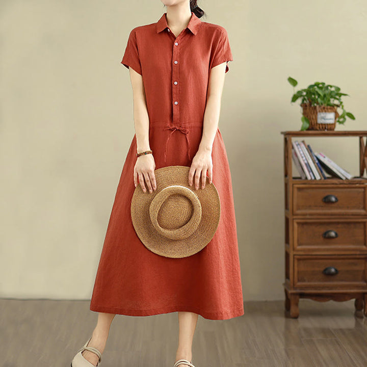 Buddha Stones Summer Plain Short Sleeve Drawstring Cotton Linen Midi Dress With Pockets - OrangeRed - US8-10，UK/AU12-14，EU40-42 (2XL) - image 17