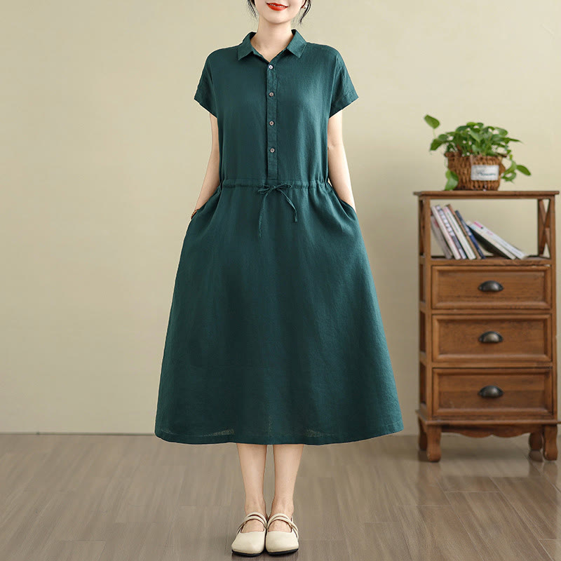 Buddha Stones Summer Plain Short Sleeve Drawstring Cotton Linen Midi Dress With Pockets - image 7