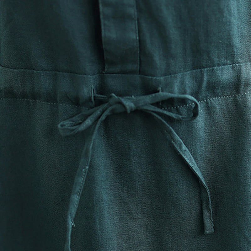 Buddha Stones Summer Plain Short Sleeve Drawstring Cotton Linen Midi Dress With Pockets - image 15